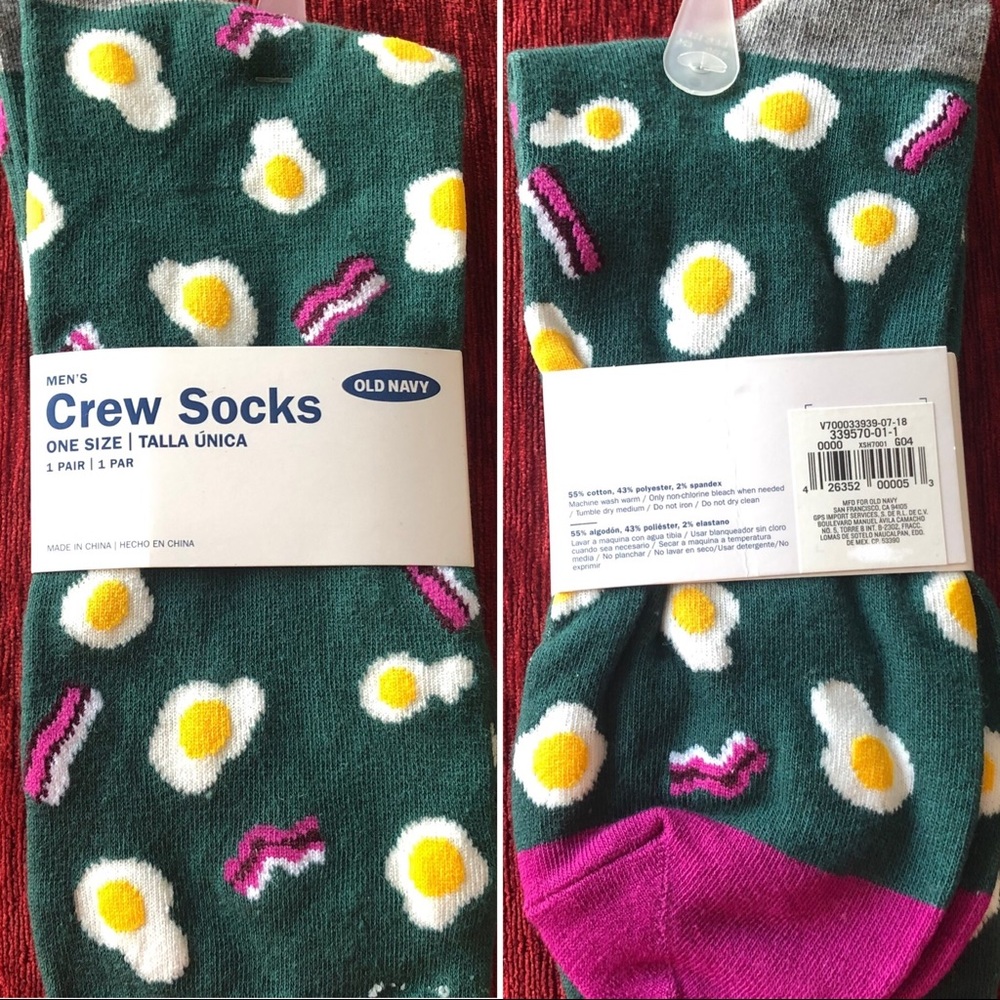 🆕🧦🍳🥓 BACON & EGGS Crew Socks Green Novelty